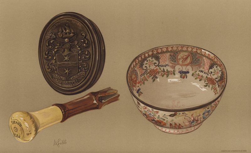 Drakes spaserstokk, og punch-bollen til Captain Cook (chromolitho) av English School
