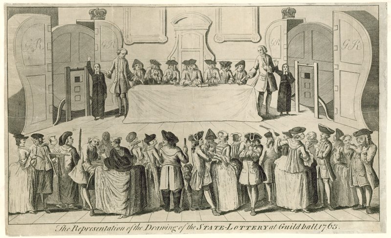Tegning av statslotteriet i Guildhall i 1763 av English School