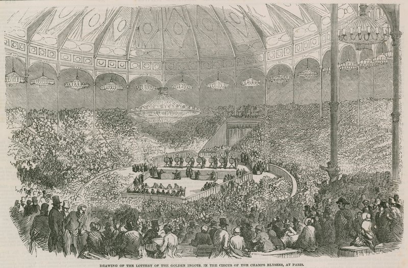 Trekning av lotteriet til Golden Ingot i Circus of Champs Elysees, Paris, Frankrike av English School
