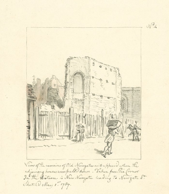 Tegning av restene av Old Newgate (blekk på papir) av English School