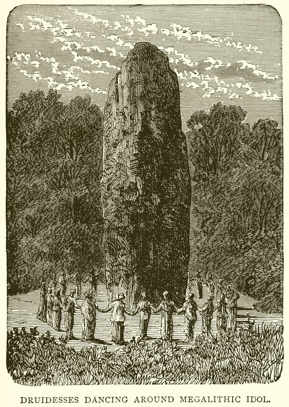 Druides danser rundt Megalithic Idol av English School