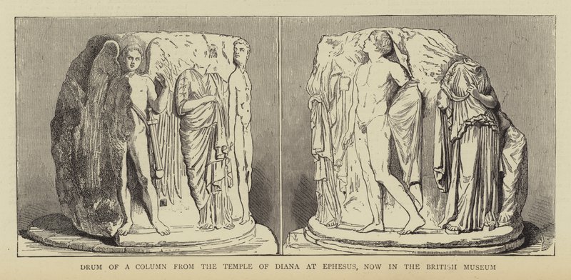 Tromme av en søyle fra Diana-tempelet i Efesos, nå i British Museum (gravering) av English School