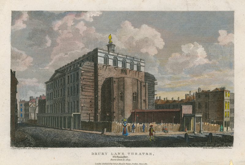 Drury Lane Theatre, Westminster, London; brant ned i 1809 av English School