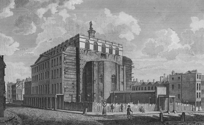 Drury Lane Theatre, Westminster, brent ned i 1809 (gravering) av English School