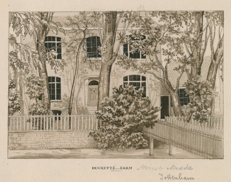 Ducketts Farm House, Tottenham, London (wc på papir) av English School