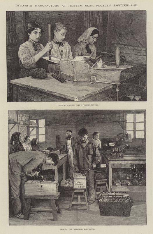 Dynamittproduksjon på Isleten, nær Fluelen, Sveits (gravering) av English School