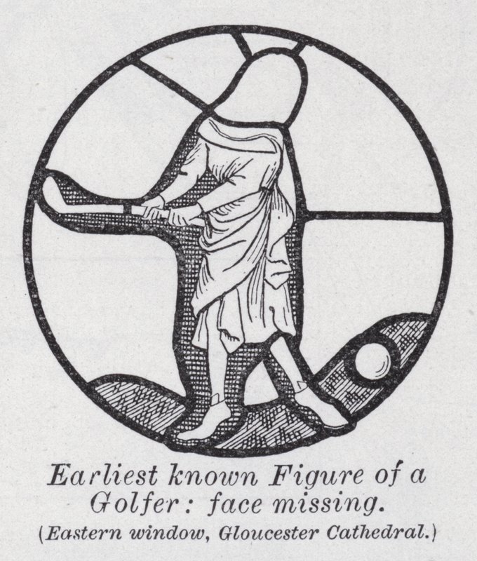 Tidligste kjente figur av en golfspiller, ansikt mangler, østvindu, Gloucester Cathedral (litho) av English School