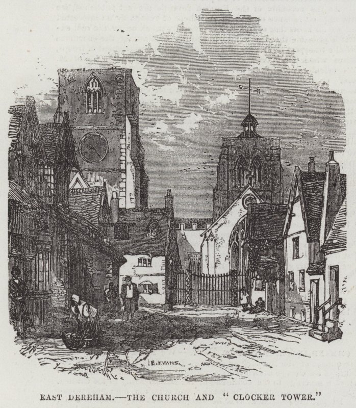 East Dereham, kirken og "Clocker Tower" (gravering) av English School
