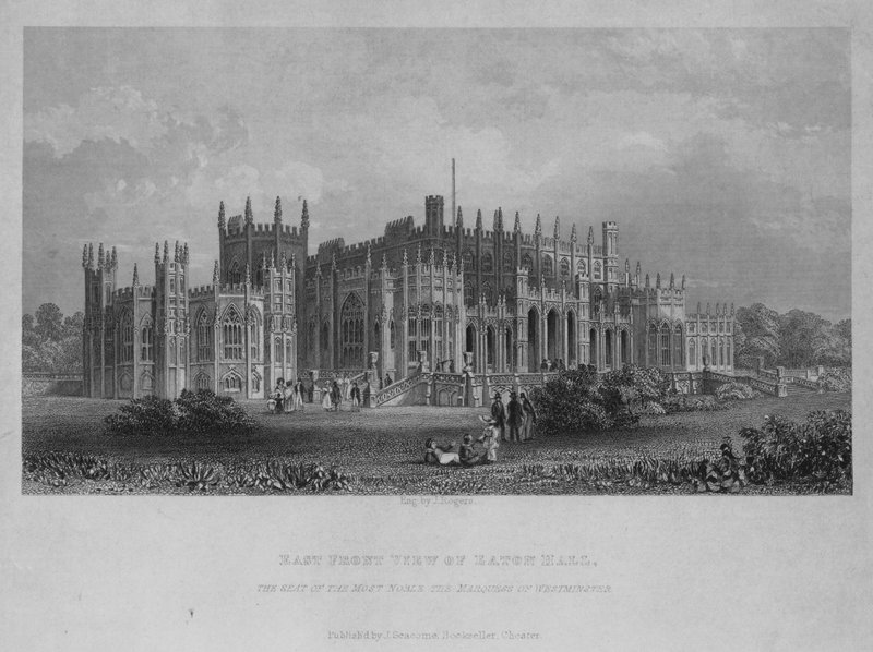 East Front View av Eaton Hall, setet til de edleste Marquess of Westminster (gravering) av English School