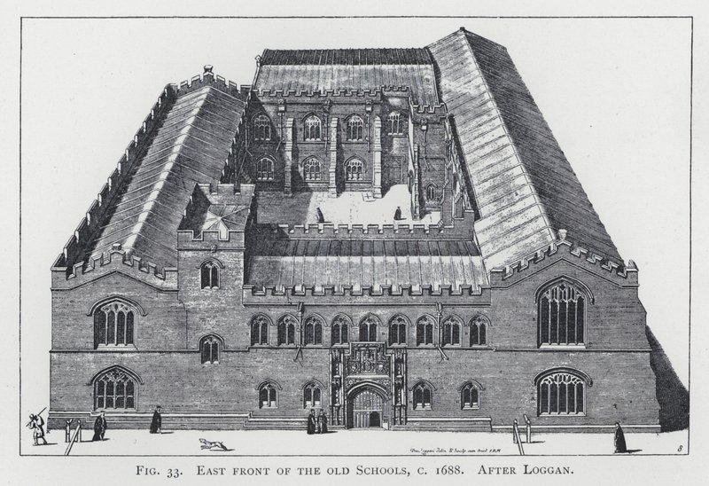 Øst foran de gamle skolene, ca 1688, etter Loggan av English School