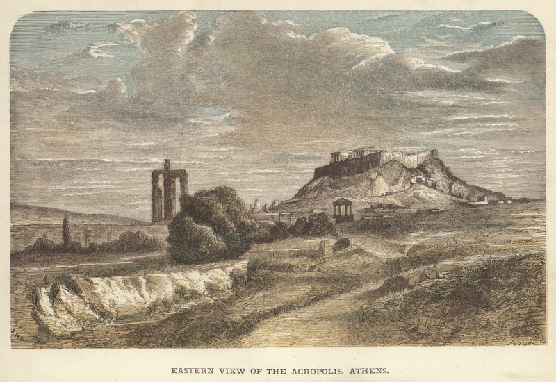 Østutsikt over Akropolis, Athen (farget gravering) av English School