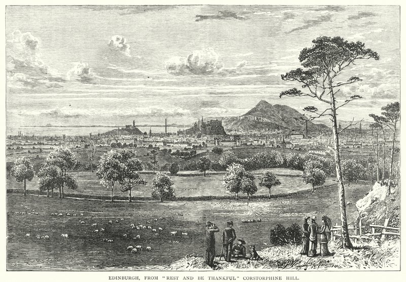 Edinburgh, fra "Rest and Be Thankful" Corstorphine Hill (gravering) av English School