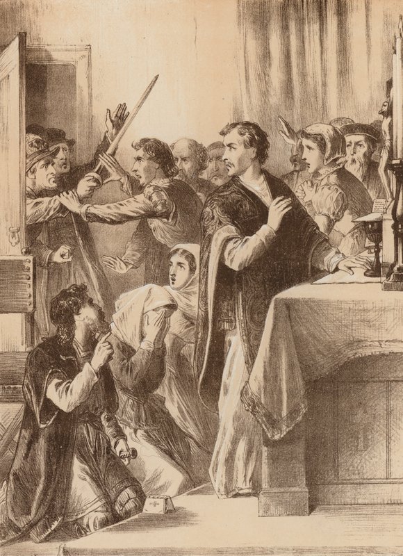 Edmund Genings, «Brøt opp kammerdøren der han feiret» (litografi) av English School