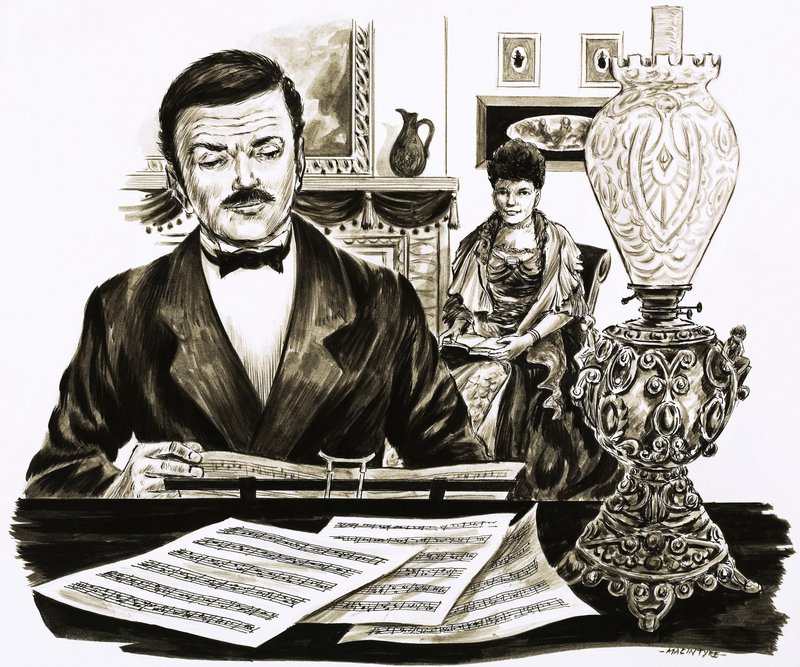 Edward Elgar på jobb i stua hans av English School