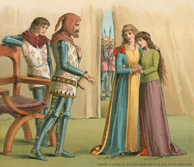 Edward III forsikrer de to unge damene på Poix om hans beskyttelse av English School