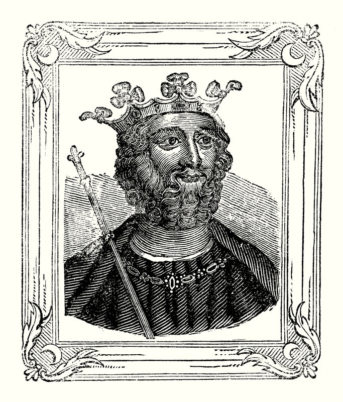 Edward II ble født i 1284, kronet i 1308 og myrdet i 1328 (gravering) av English School