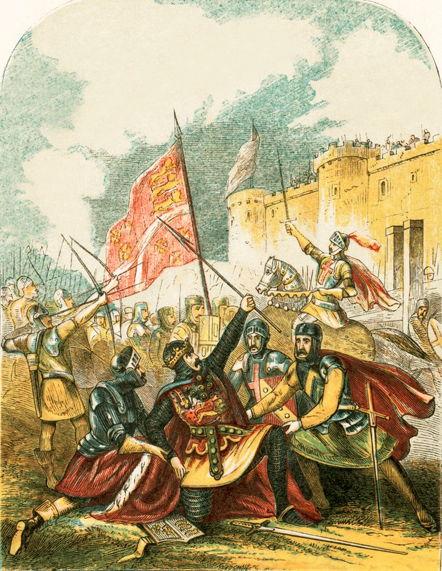 Edward I svinger med spydet og sverger, han vil henge mannen som kastet det av English School