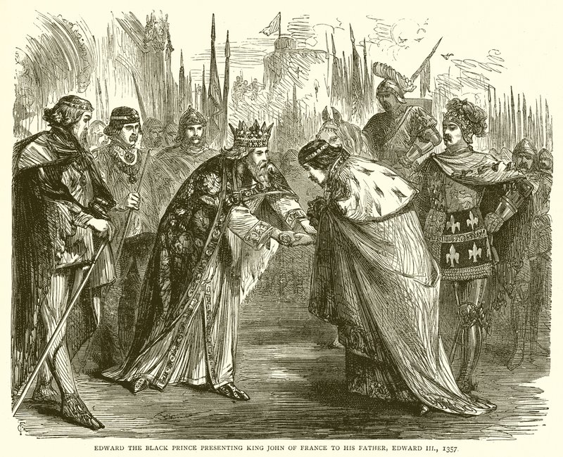 Edward den svarte prinsen presenterer kong John av Frankrike for sin far, Edward III, 1357 av English School