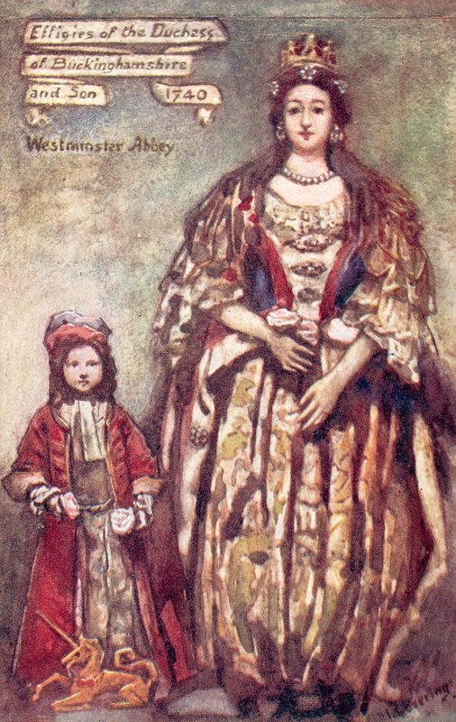 Avbildninger av hertuginnen av Buckingham og sønnen hennes ved Westminster Abbey (fargelitografi) av English School