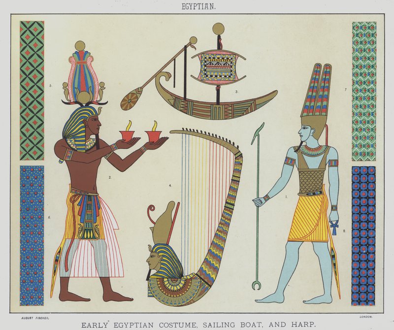 Egyptisk, tidlig egyptisk kostyme, seilbåt og harpe (farge litho) av English School