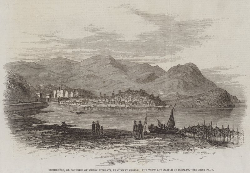 Eisteddfod, eller Congress of Welsh Literati, ved Conway Castle, Town and Castle of Conway (gravering) av English School