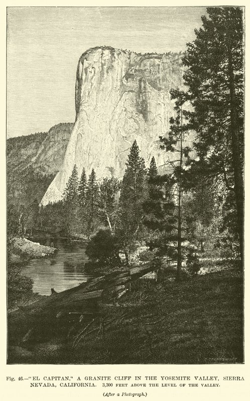 El Capitan, en granittklippe i Yosemite Valley, Sierra Nevada, California, 3300 fot over dalens nivå av English School