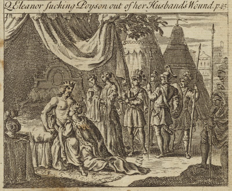 Eleanor av Castilla, dronningkonsort av kong Edward I av England, som sugde gift ut av ektemannens sår, led i et attentatforsøk på Acre, 1272 av English School