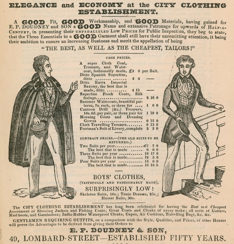 Eleganse og økonomi ved City Clothing Establishment; E P Doudney & Son, 49 Lombard Street, London av English School