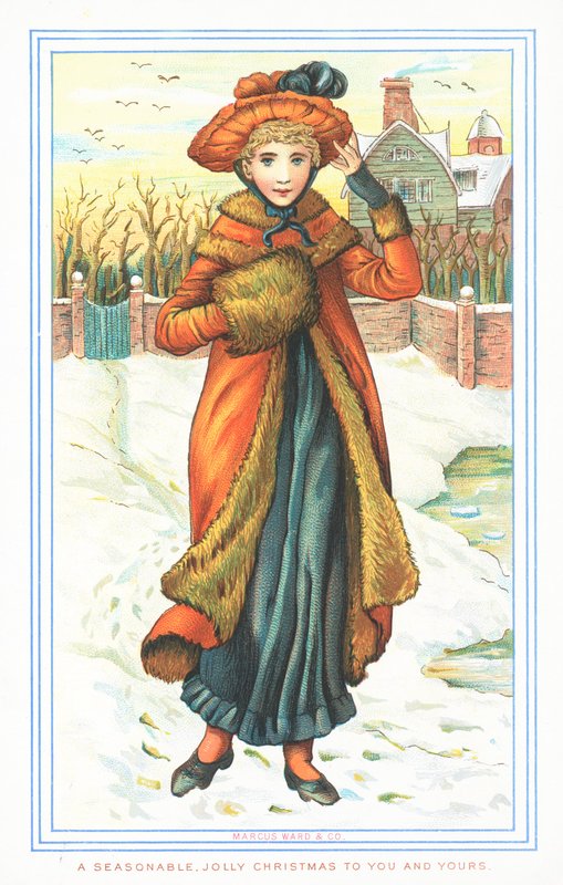 Elegant dame i snø, julekort av English School