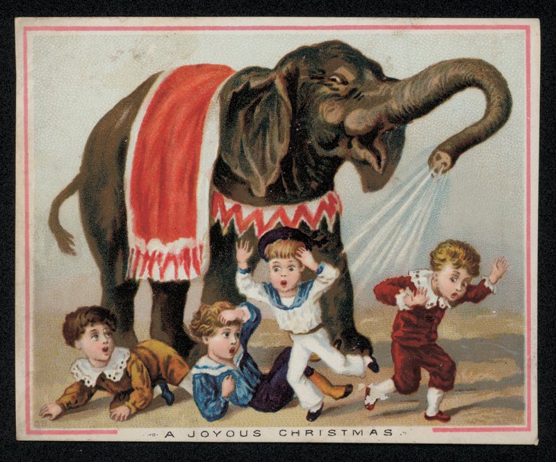 Elefant som lekende dusjer barn med vann, julehilsenskort. (chromolitho) av English School