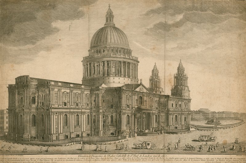 Høyde og perspektiv av St Pauls Cathedral, London av English School
