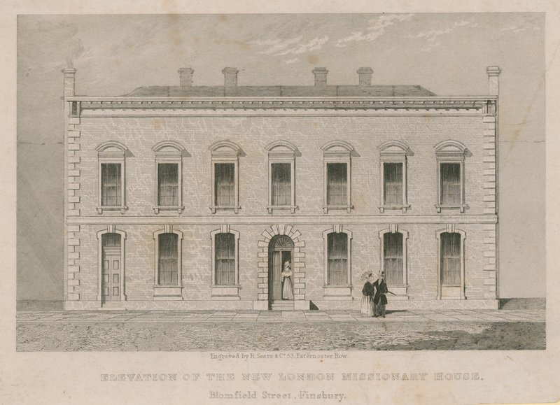 Høyde av det nye London Missionary House, Blomfield Street, Finsbury av English School