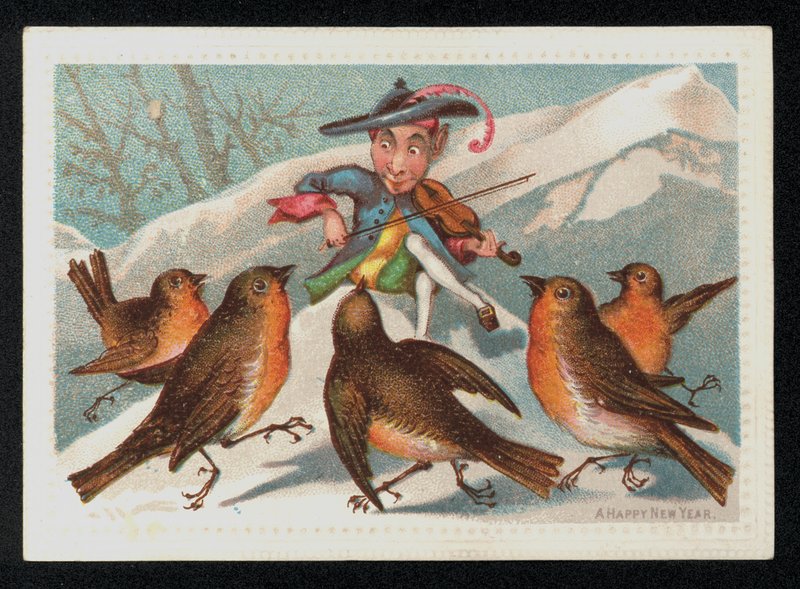 Alv med fele som underholder en gjeng med rødstrupe, nyttårskort. (chromolitho) av English School