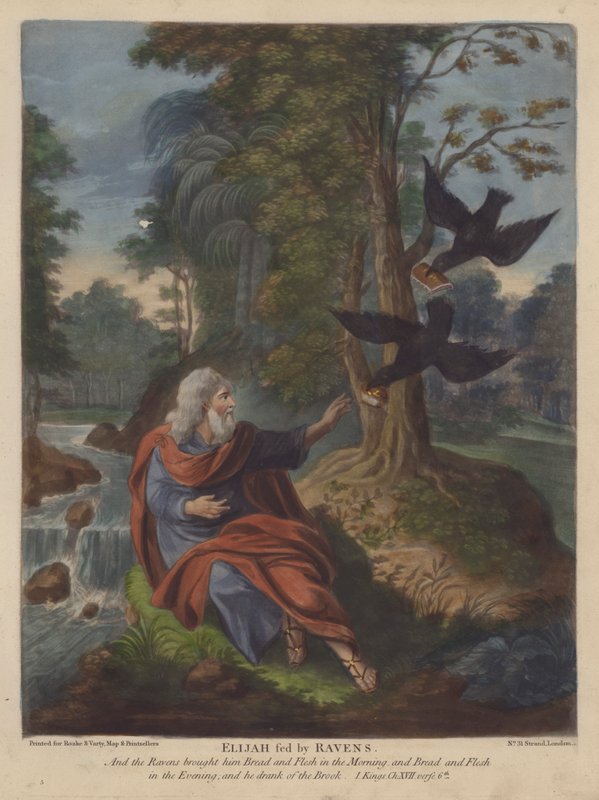 Elijah matet av Ravens (farge litho) av English School