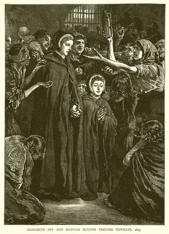 Elizabeth Fry og Hannah Buxton på besøk i Newgate, 1813 av English School