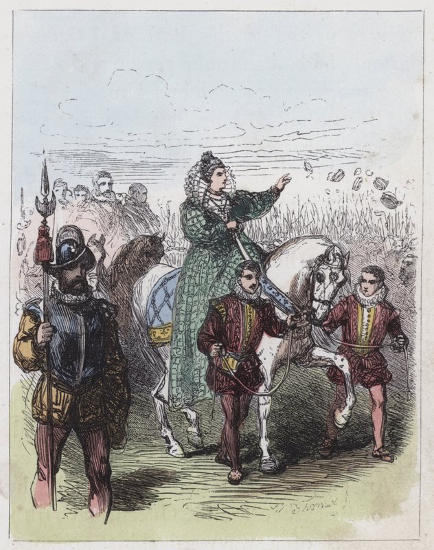 Elizabeth gjennomgår troppene på Tilbury (farget gravering) av English School