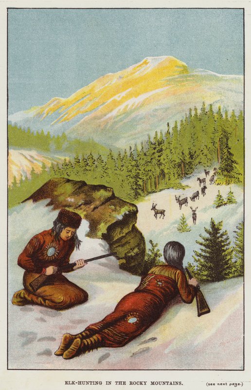 Elgjakt i Rocky Mountains (farge litho) av English School