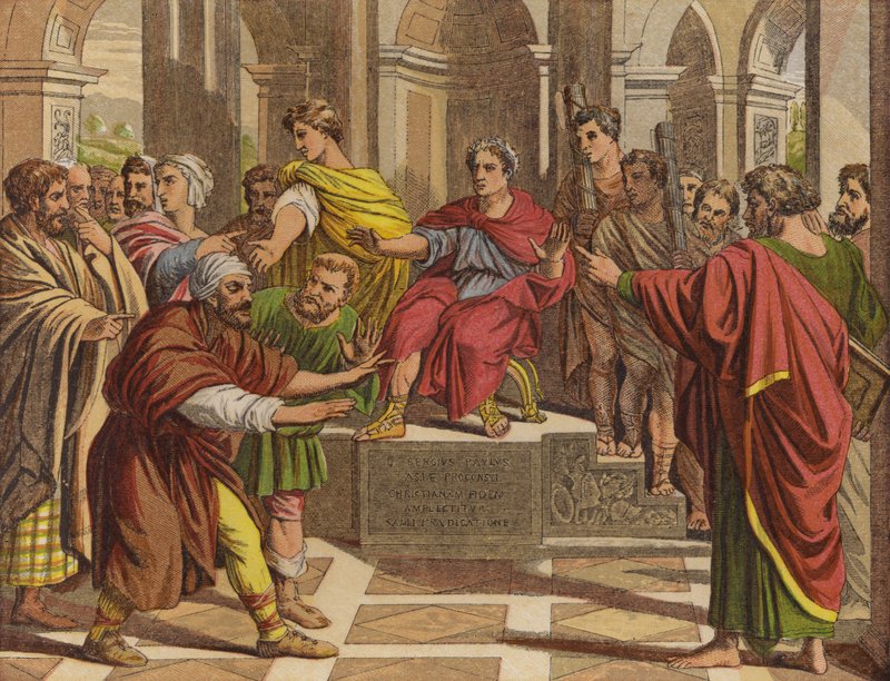 Elymas the Sorcerer slo med blindhet (chromolitho) av English School
