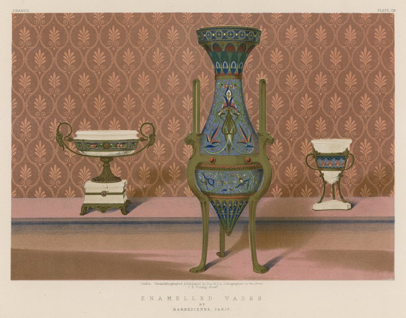 Emaljerte vaser av Barbedienne, Paris (chromolitho) av English School