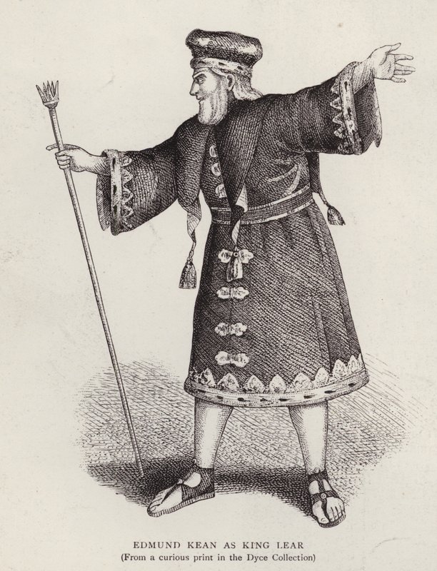Den engelske skuespilleren Edmund Kean i tittelrollen i Shakespeares King Lear (litho) av English School