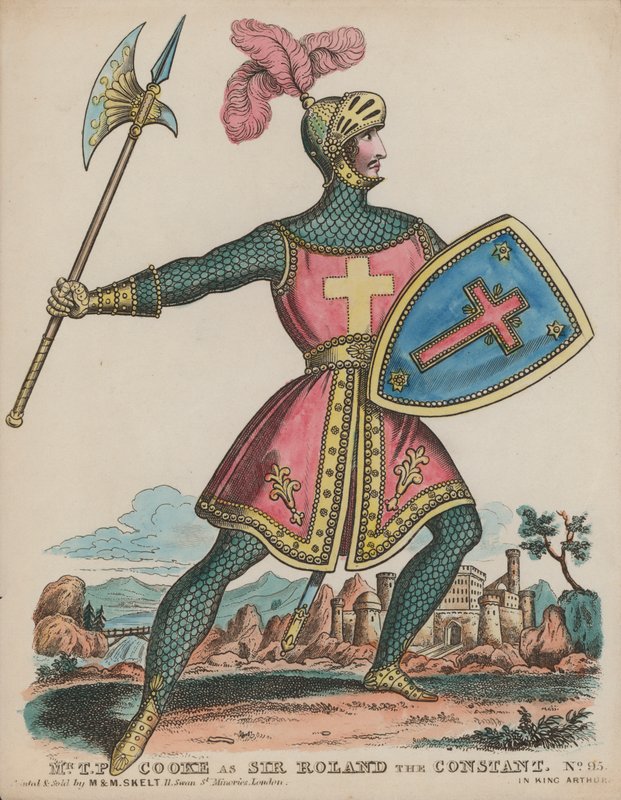 Den engelske skuespilleren Thomas Potter Cooke som Sir Roland the Constant i King Arthur (farget gravering) av English School