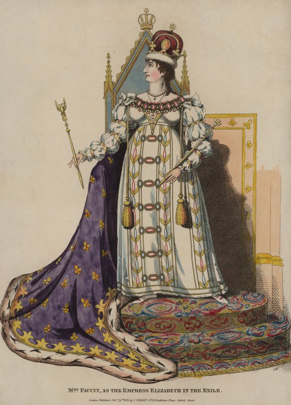 Den engelske skuespillerinnen Harriet Faucit som keiserinne Elizabeth i The Exile (farget gravering) av English School