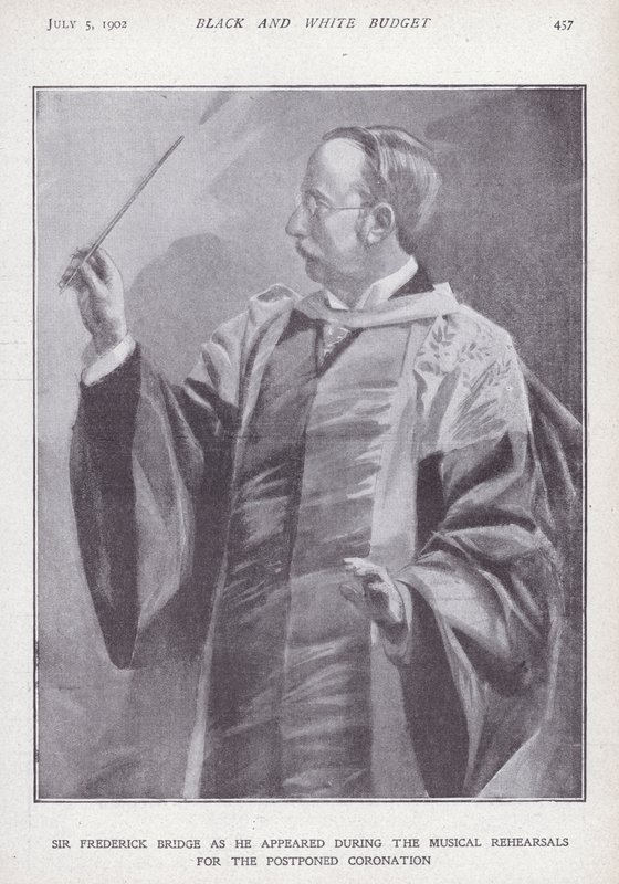 Engelsk komponist, organist og dirigent Sir Frederick Bridge øver for den utsatte kroningen av kong Edward VII av English School