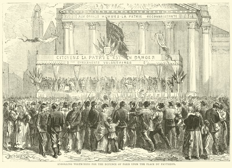 Registrering av frivillige for forsvaret av Paris på Place du Pantheon, oktober 1870 av English School