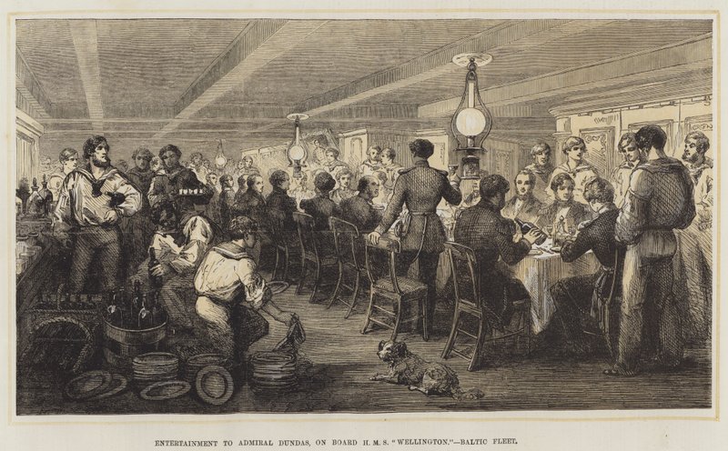 Underholdning til admiral Dundas, om bord på HMS "Wellington," Baltic Fleet (farge litho) av English School