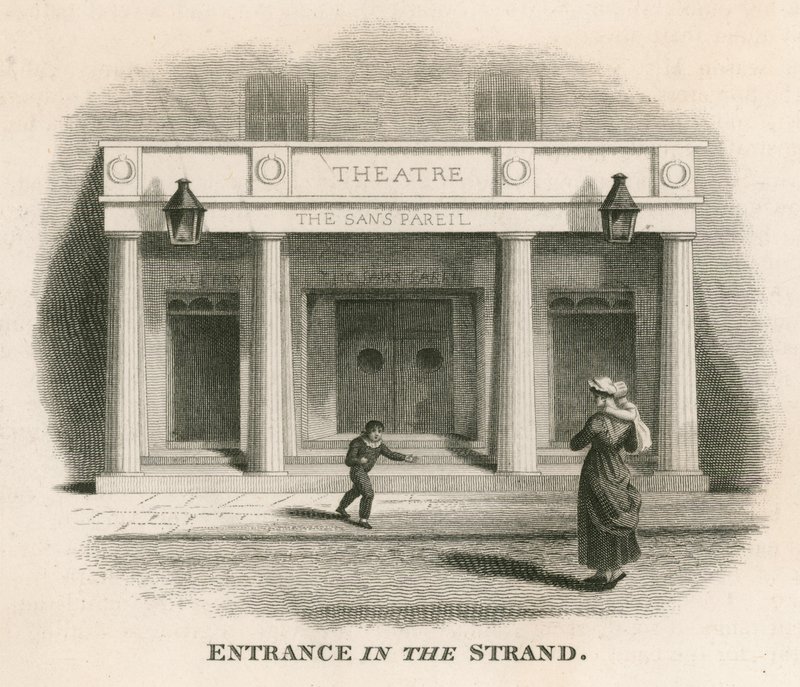 Inngang i The Strand of the Sans Pareil Theatre (Adelphi Theatre), London av English School
