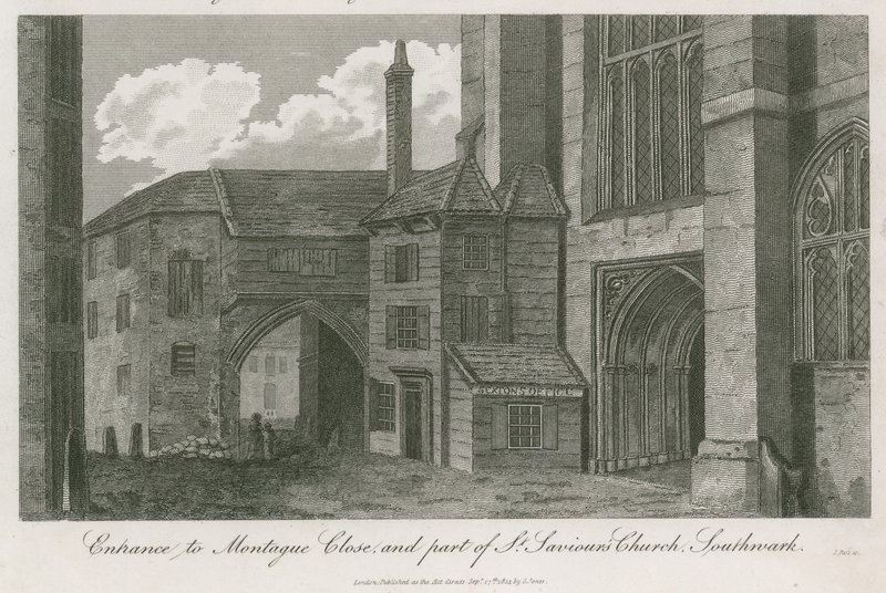Inngang til Montague Close og en del av St Savios Church, Southwark, Surrey av English School