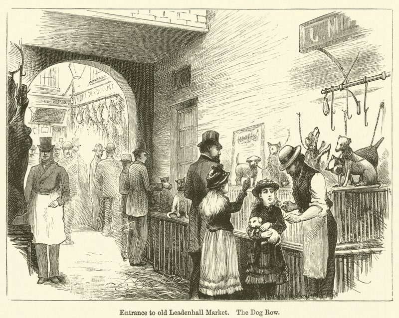Inngang til gamle Leadenhall Market, The Dog Row (gravering) av English School