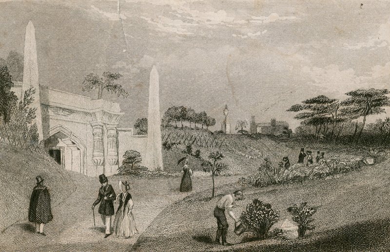 Inngang til Catacombe, Highgate Cemetery, London av English School