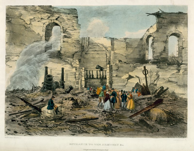 Inngang til våpenhuset, Tower of London Fire, 1841 av English School